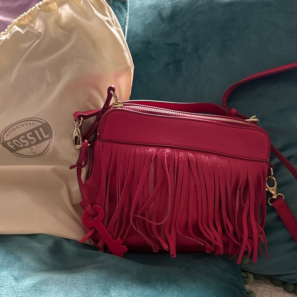 Fossil Pink Fringe Crossbody Bag
